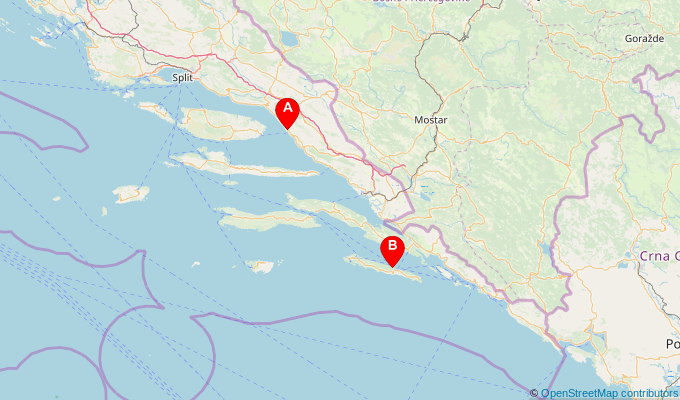 Map of ferry route between Makarska and Sobra (Mljet)